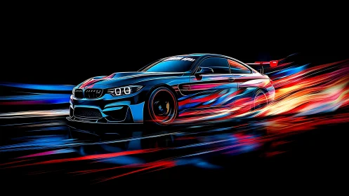 Neon race car streaking through a glowing night track.