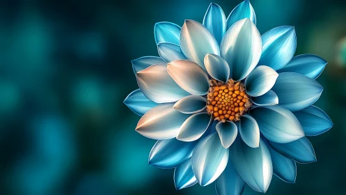 Layered petaled flower with teal blue gradation and orange center.