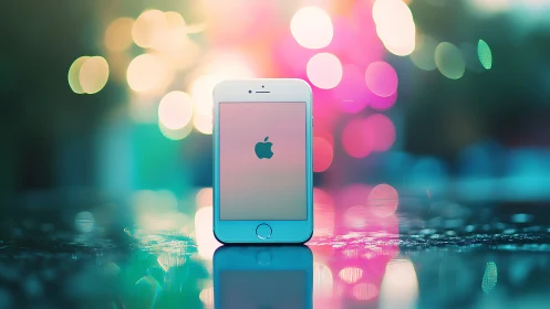 iPhone Floating Against Blurred Bokeh Background.