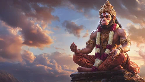 Skyborne simian sage in sunset-soaked divine stillness.