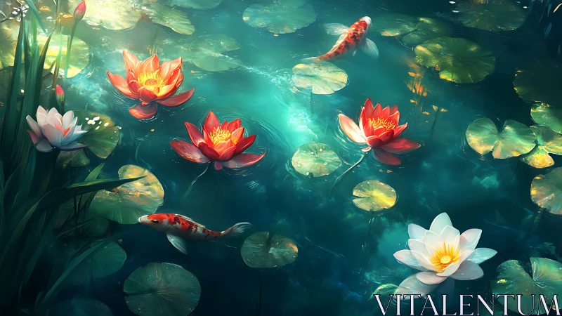 Koi fish move beneath water lilies in a rendered pond