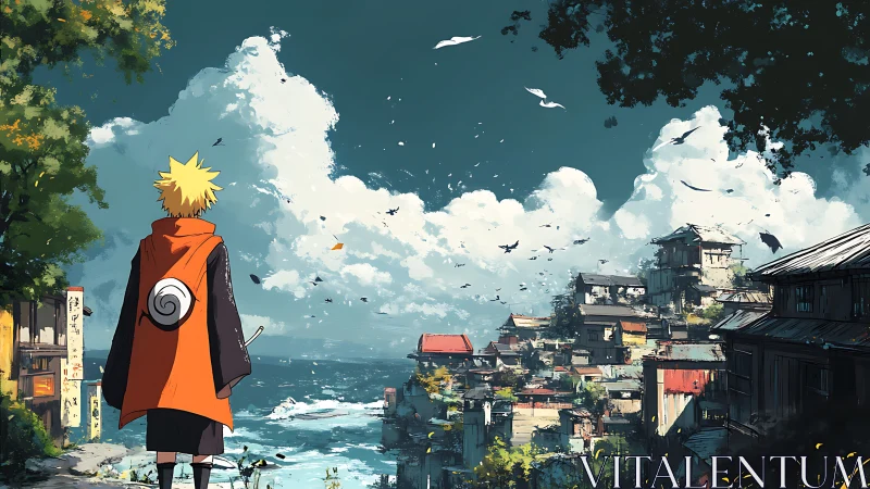 Figure in orange cloak surveys coastal town under clouded sky