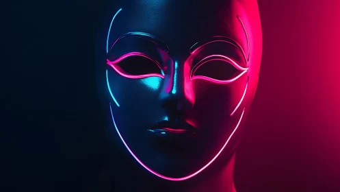 Neon cyber mask portrait in electric blue and magenta glow.