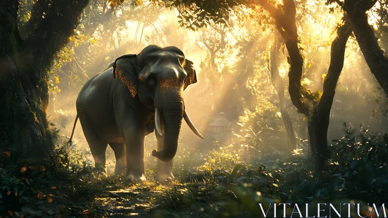 Elephant stands in sunlit forest clearing with diffused haze