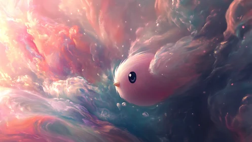 Soft round creature drifts through luminous pastel nebula
