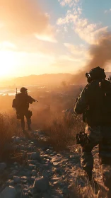Tactical infantry patrol in golden hour backlit battlefield