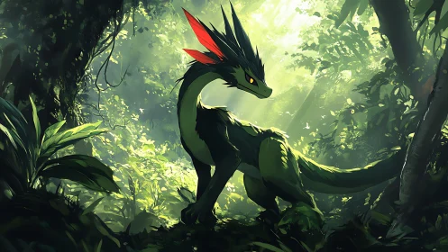 Emerald jungle dragonling pausing in sun-dappled silence.