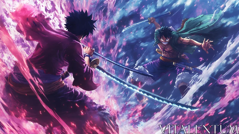 Sword-wielding anime warriors clash amid blazing sky energy.