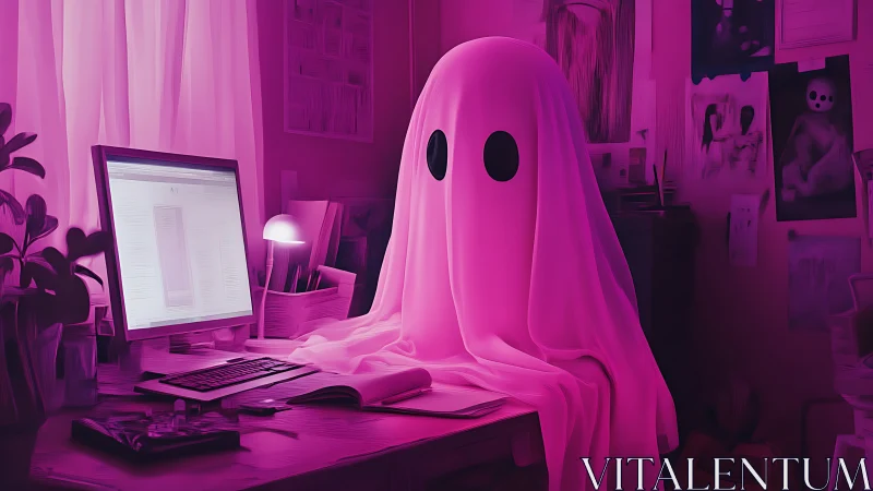 Neon magenta ghost silhouette at cluttered computer workstation