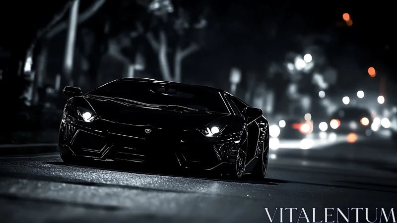 Low-angle view of dark sports car on city street at night.