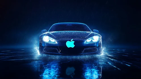 Neon-luminous electric coupe in cinematic rain simulation.