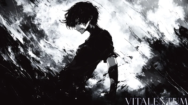 Solitary anime figure stands amid swirling monochrome storm