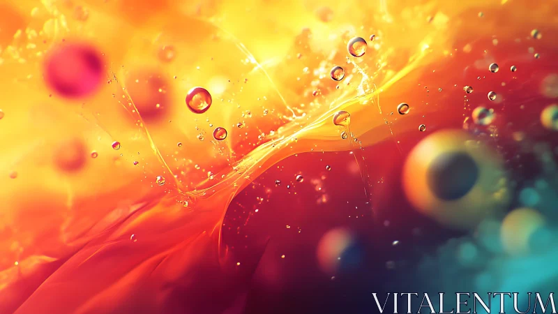 Vivid Abstract Oil and Water Art With Floating Bubbles in Warm Tones.