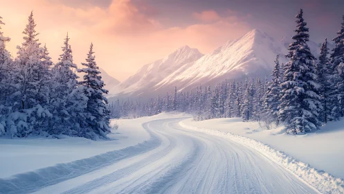 Winter mountain road curling toward a rosy sunrise sky.