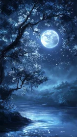 Moonlit forest river glows under deep sapphire night sky.