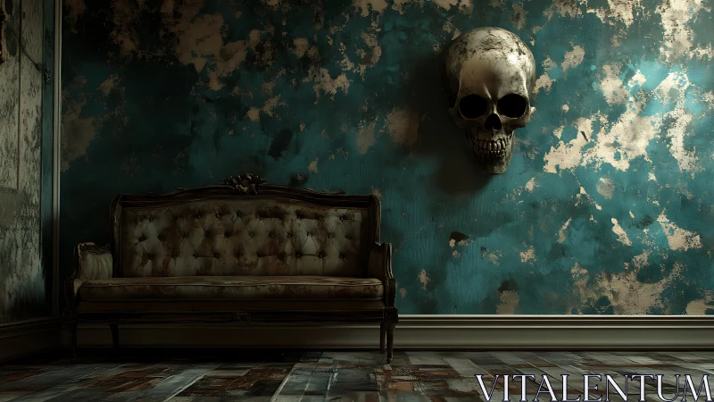 Antique sofa beneath monumental skull in decayed teal interior
