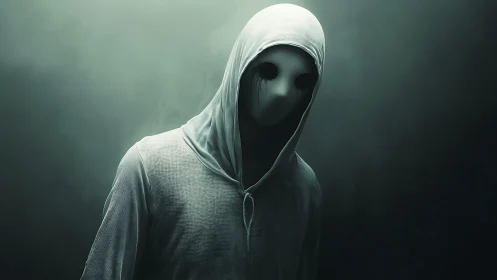 Hooded figure wears smooth mask with dark empty eye sockets