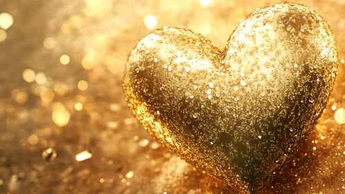 Glittering golden heart sculpture amid warm bokeh glow.