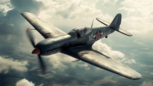 Single-seat military propeller aircraft in midair flight.