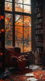 Reading nook overlooks dense autumn forest through tall window