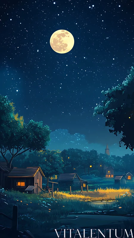 Moonlit village glows softly under a clear starlit sky