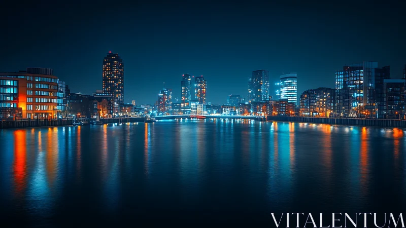 Neon riverside skyline hums softly under midnight glass