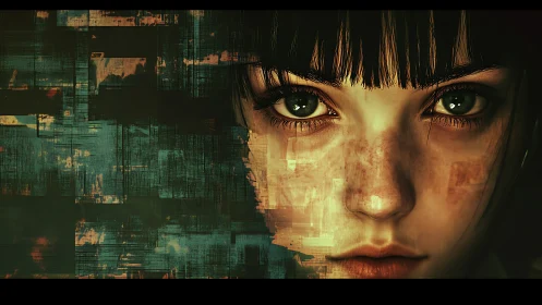 Digital portrait of girl with freckled face and green eyes.