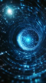 Quantum data vortex tunnel with luminous blue particle stream.