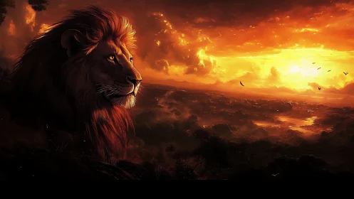 Sun-forged lion watching ember skies over silent plains.
