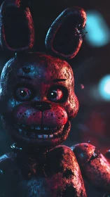 Damaged animatronic rabbit figure stands under colored light