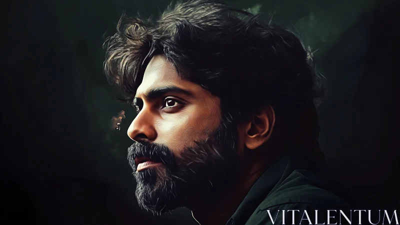 Digital painting portrait in chiaroscuro side-profile composition.