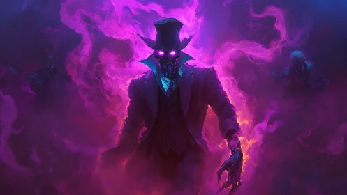 Top-hatted spectral figure strides through neon smoke field