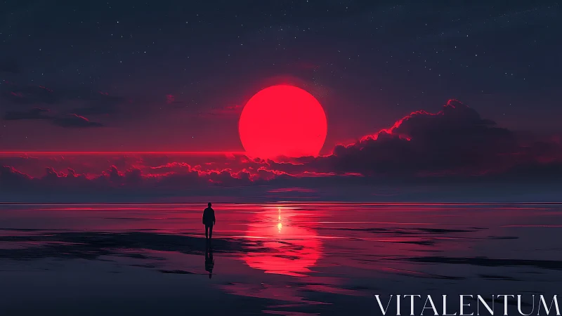 Solitary figure observes hyper-saturated red sun over reflective sea