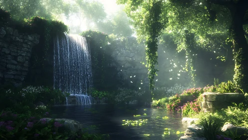 Lush forest waterfall pool with sunlit stone ruins.