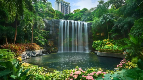 Urban jungle waterfall sanctuary framed by lush city garden.