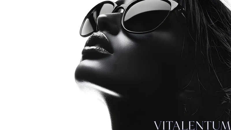 Striking black and white portrait of woman in sunglasses, glossy finish.