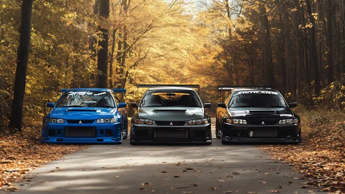 Autumn forest road hosts three bold Mitsubishi project cars.