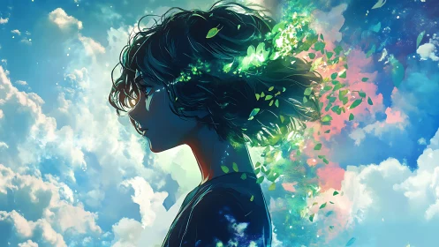 Skylit profile with dissolving leaves and radiant clouds.