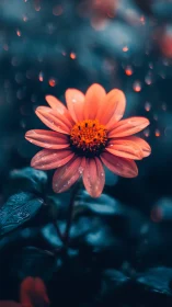 Orange daisy with water droplets against dark blue bokeh background