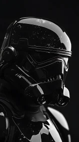 Black armored sci fi soldier helmet reflects stark highlights.