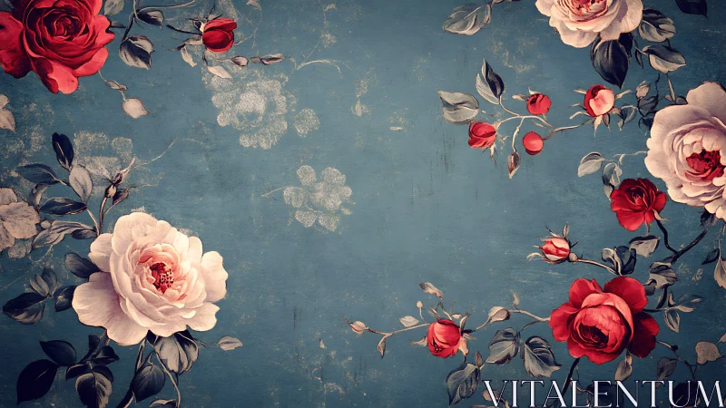 Vintage floral border with red and white roses on blue ground