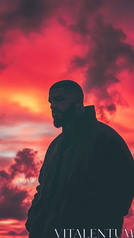 Silhouette man under vivid red storm sunset sky.