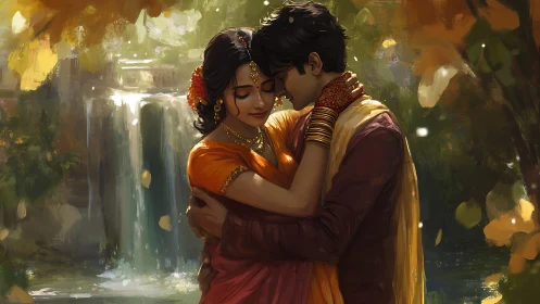 Two figures in period costumes stand beneath waterfall in golden forest setting.