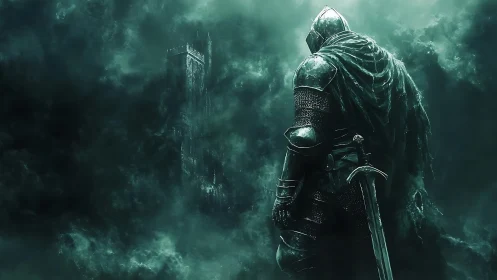 Lone armored knight gazes toward a distant shrouded citadel