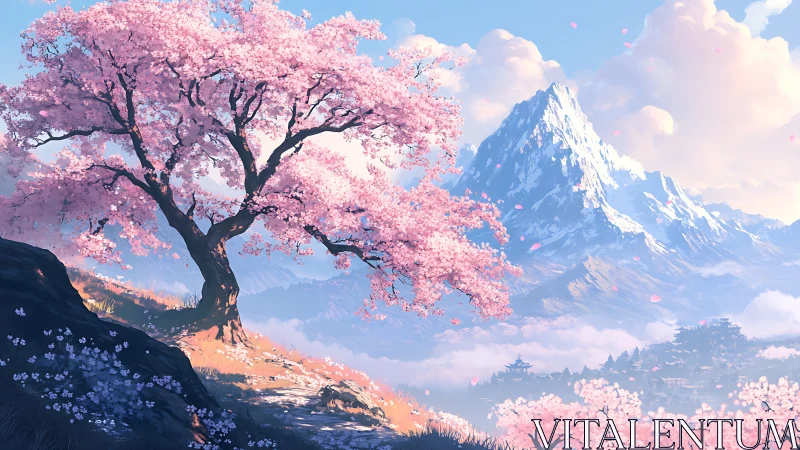 Cherry blossom tree before distant snowcapped mountain range.