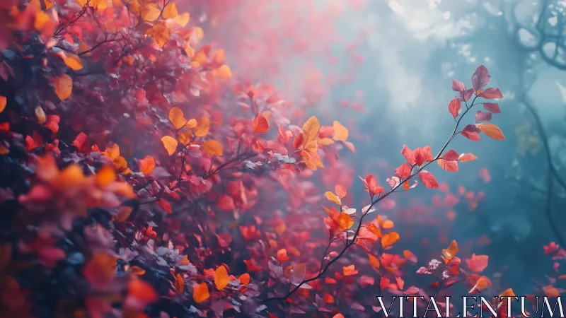 Crimson misty thicket where autumn quietly glows.