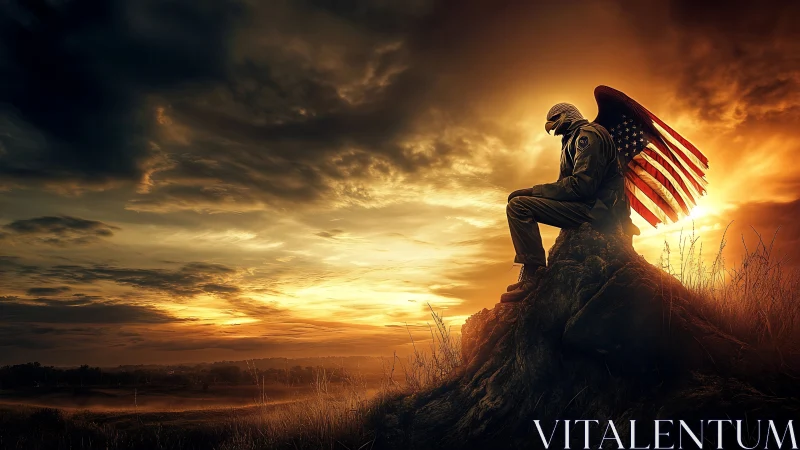 Winged soldier broods at sunset, honoring silent sacrifice