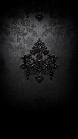 Ornate black damask panel glows in subtle low light.