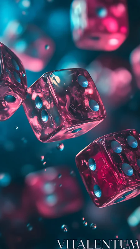 Neon glass dice suspended in vibrant cyan bokeh glow.