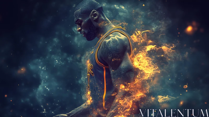 Basketball player profile in fiery digital visual composition.